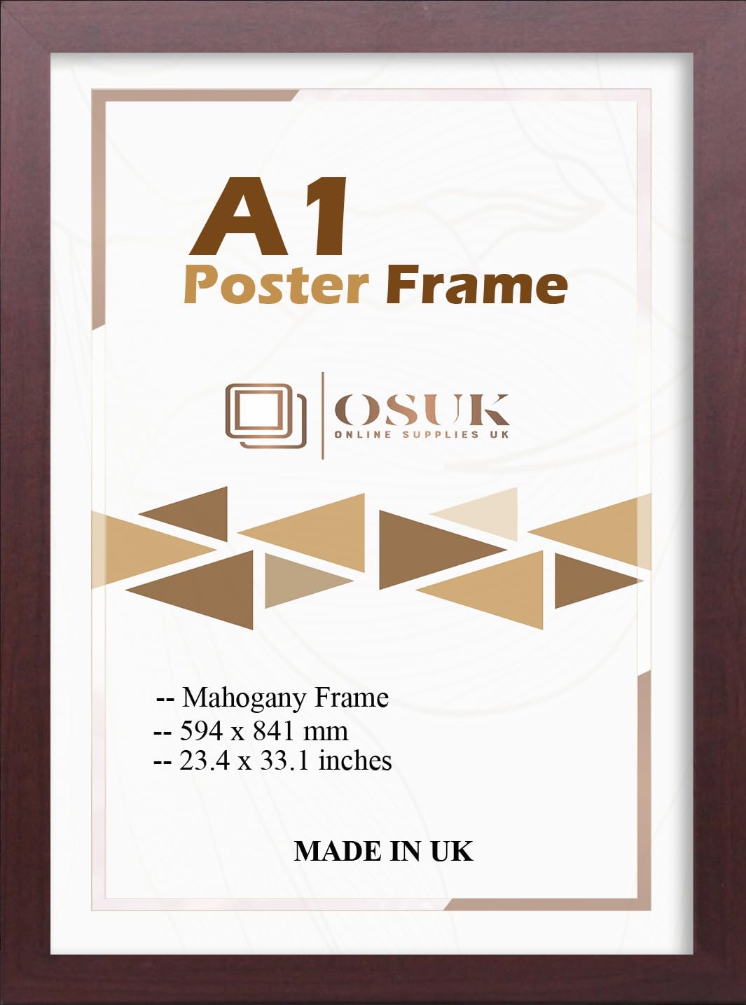 Osuk Online Supplies Uk Mahogany Osuk A1 Poster Frame - A1 (59.4 X 84.1Cm) Photo Frame With Perspex Front & Wall Mounting Hooks To Hang Landscape Or Portrait - Large A1 Picture Frame