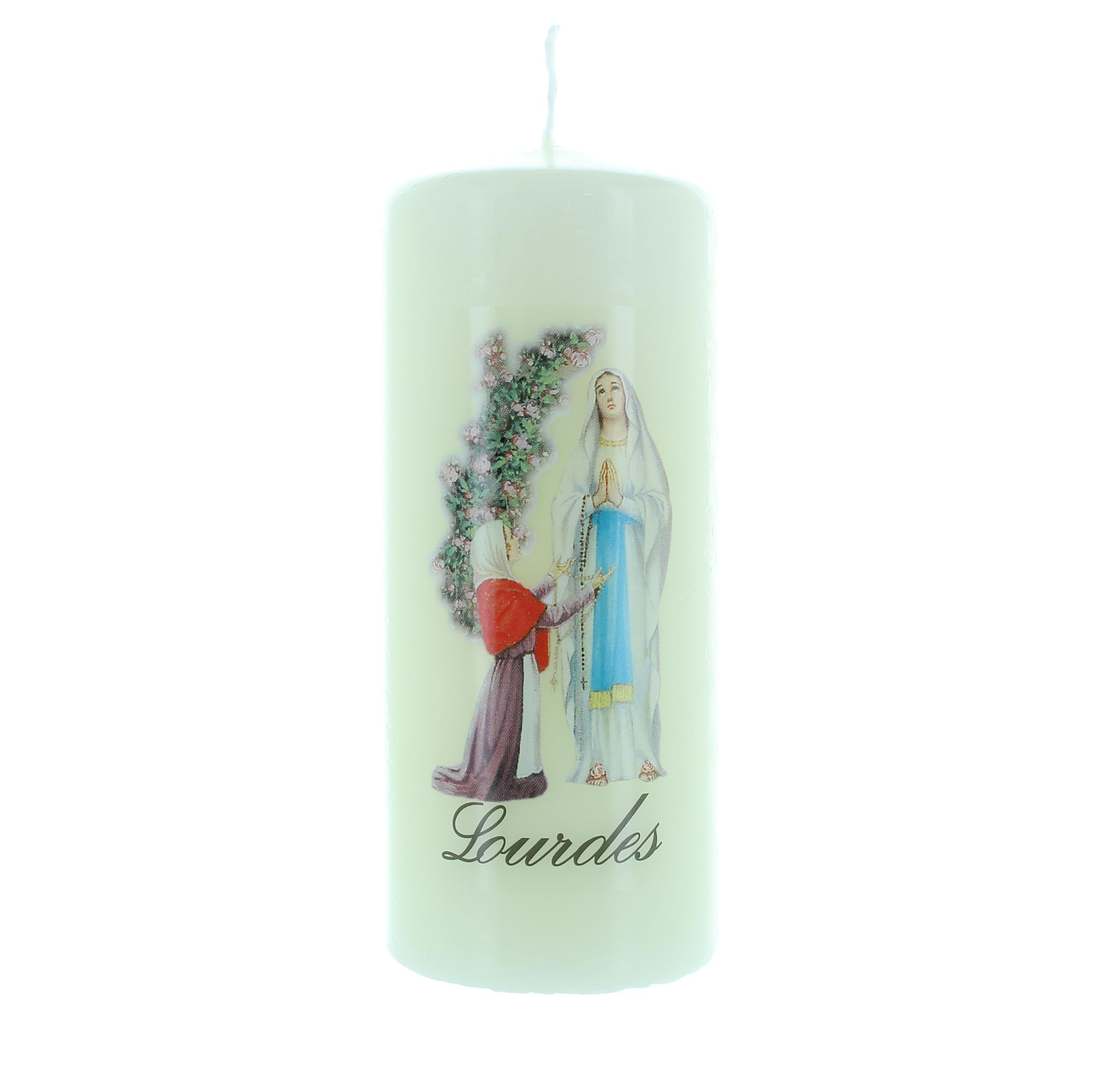Palais Du Rosaire White Ivory Candle With Apparition De Lourdes Motif 5 X 12 Cm - Candle And Decorative Candle - Christian Cult In Vegetable Wax
