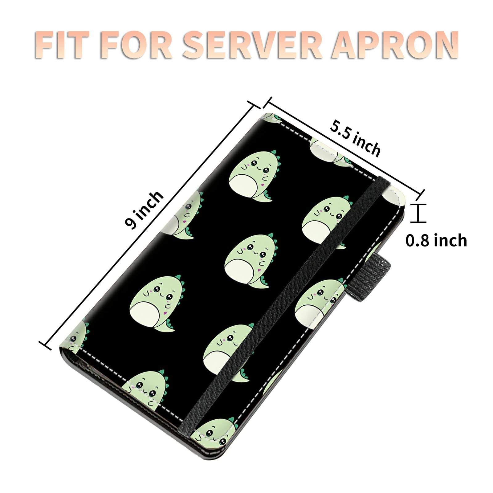 High Volume Server Books, Cute Dinosaurs Server Book w/ 2 Expandable Pockets 9 x 5 Cute Waitress Book Zipper Pocket & Strap Closure Waitstaff Organizer Server Booklet Waiter Money Wallet