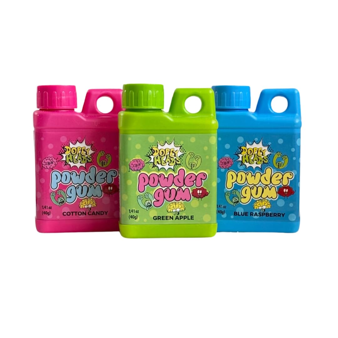 Dopey Heads | Powder Bubble Gum | HALAL | Blue Raspberry | Cotton Candy | Sour Apple | Flavoured Powder Gum | Fruit Flavour | Sweet Gum Powder | 40g (1.41oz) Each | 3 Flavours (Pack of 3)