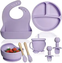 Kit Introdução Alimentar Bebê 8 Peças – Silicone Alimentar Premium Atóxico Livre de BPA – Prato com Ventosa, Bowl, Babador Coletor, Copo Antivazamento, Talheres BLW Seguros (Lilás)