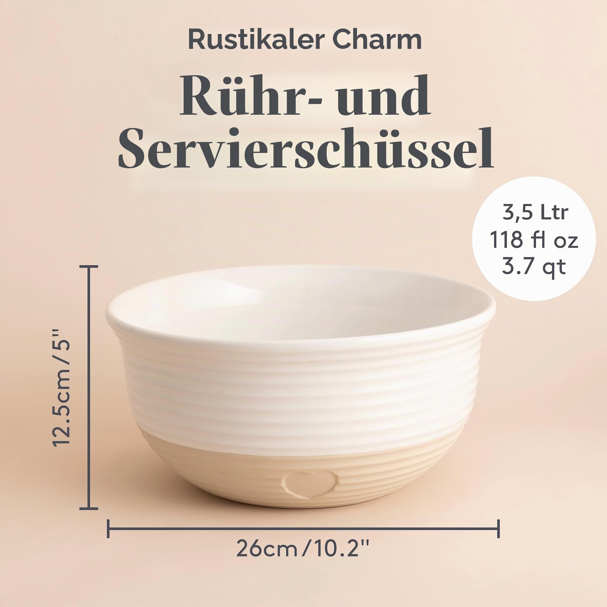 Mason Cash Rustic Charm Herz Rührschüssel, 26cm, französischer Landhausstil, geprägtes Herzmotiv, elegante matte und glänzende Oberflächen, für Kochen und Servieren
