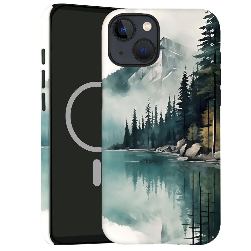 kiritfox Magnetic Case for iPhone 13,Hybrid 2-Layer Hard Shell,Shockproof for Girl Women [Compatible with MagSafe] - Forest Lake Mountain Watercolor