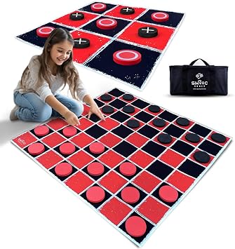 Swooc Games - 2-in-1 Vintage Giant Checkers & Tic Tac Toe Game W/Mat 3ft x 3ft - 100% Machine-Washable Canvas - Giant Outdoor Games for Kids - Yard Game for Kids - Jumbo Lawn Set - Large Checkers