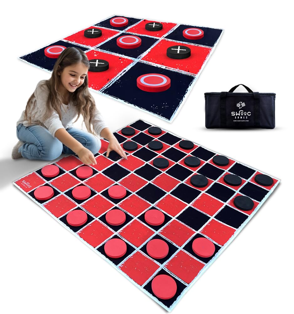 Swooc Games® - 2-in-1 Vintage Giant Checkers & Tic Tac Toe Game W/Mat (3ft x 3ft) - 100% Machine-Washable Canvas - Giant Outdoor Games for Kids - Yard