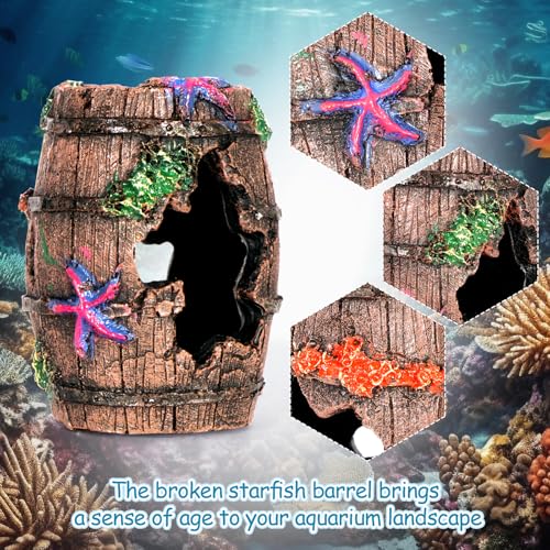 Binswloo Fish Tank Decorations, Betta Fish Tank Accessories Aquarium Ornaments, Broken Barrel Cave Decor, Starfish Barrel x 1, Fish Tank Plants x 4 - Image 6