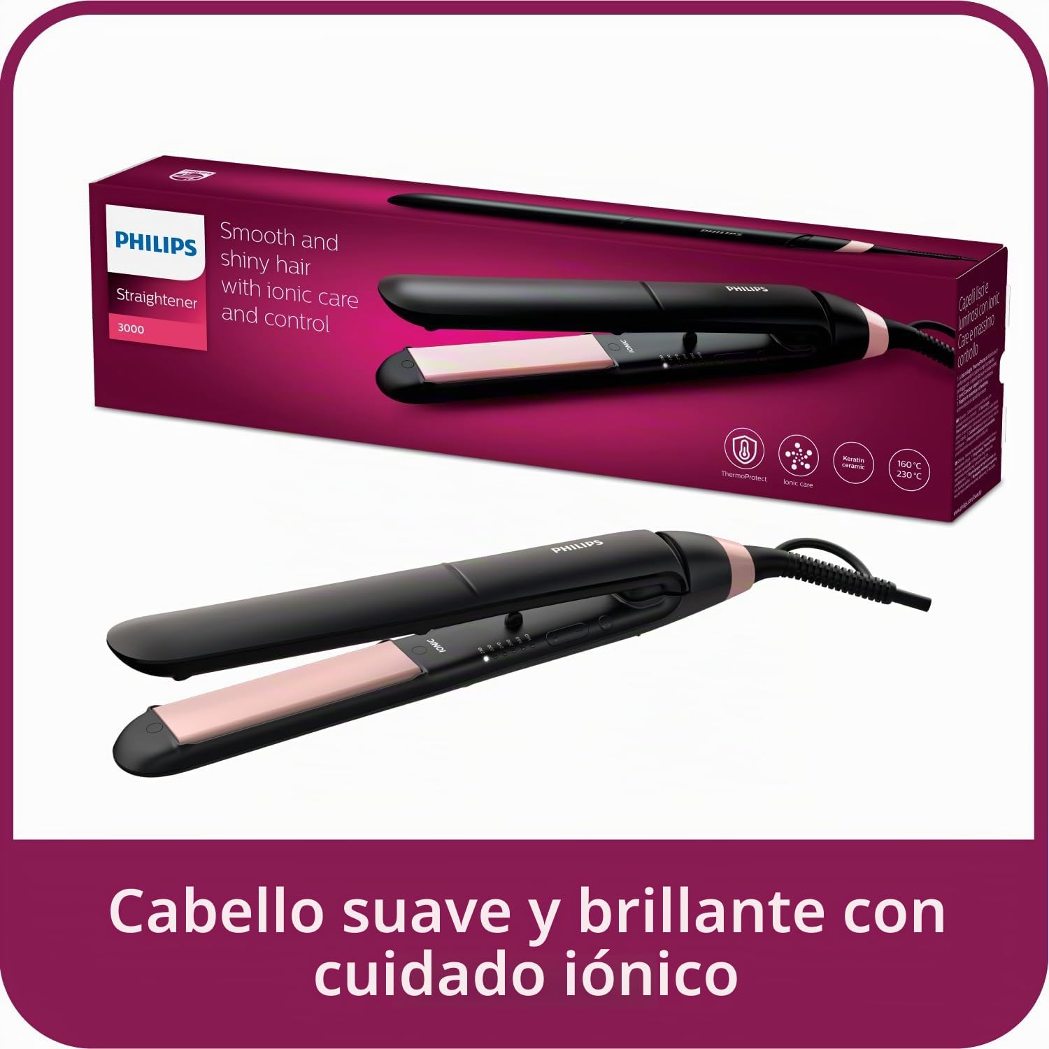 Philips Plancha de pelo serie 3000 con Tecnología ThermoProtect, Iones, Placas Ceramicas de 100mm de Largo con Queratina, BHS378/00, Malva