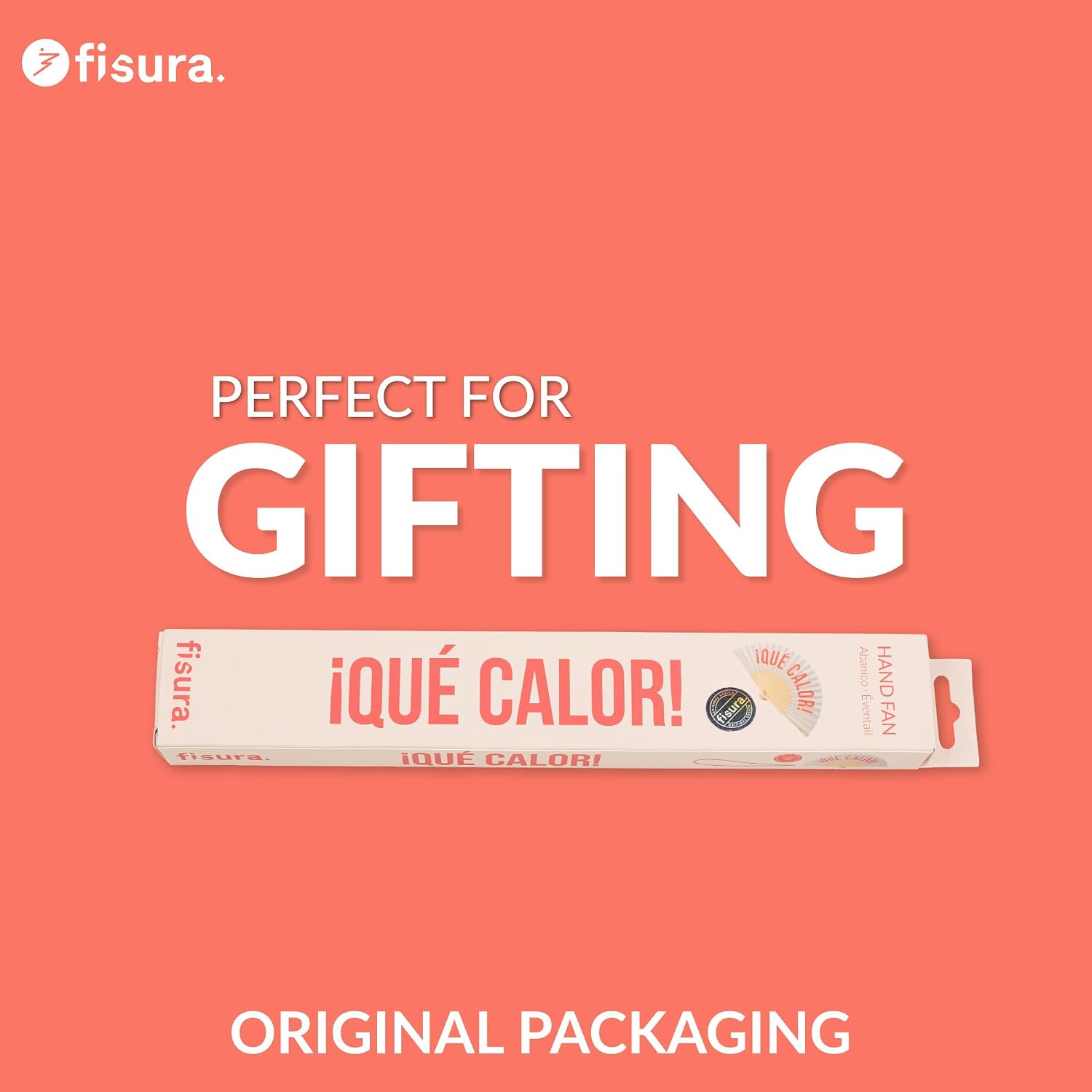 Fisura – Original Beige Folding Fan with Message qué calor, Wooden Handheld Fan for Women, Perfect for Rave, Party, Wedding, Birthday, Gift or Summer Decoration