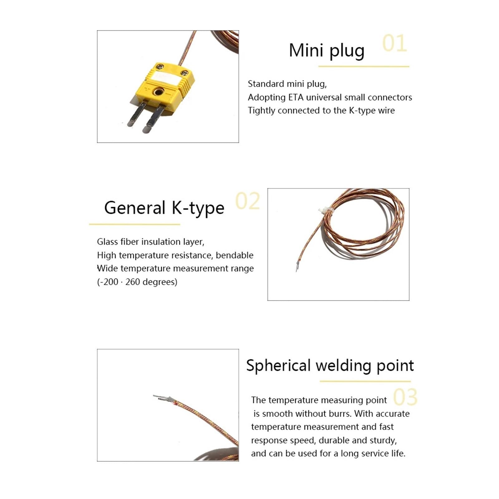 GG-K-30-SLE Sensor de termopar tipo K con enchufe y enchufe, cable de fibra de vidrio de 0,5 m a 5 m, medición de alta temperatura (clase de fibra de 1,5 m)