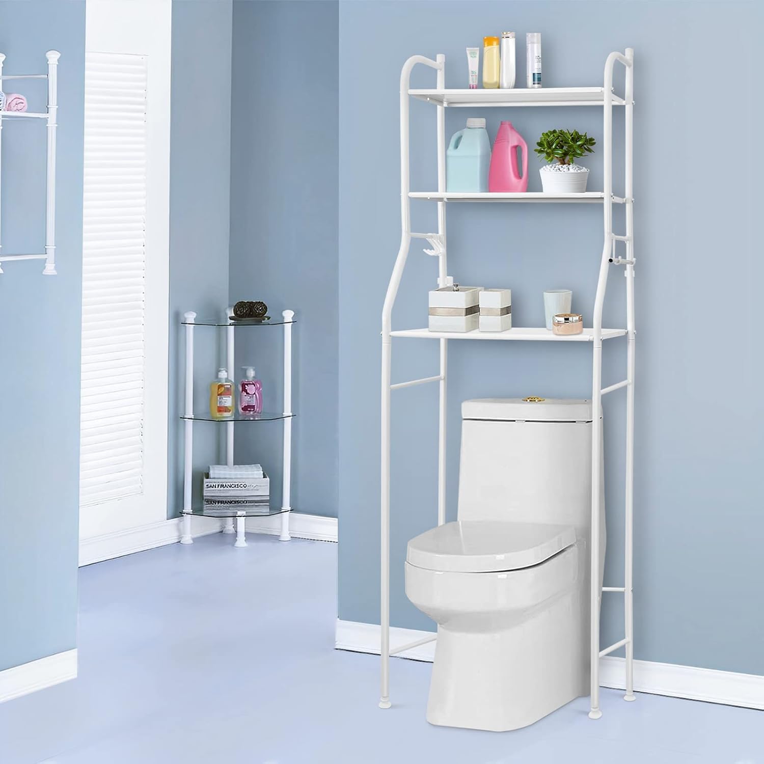 M.J COMFY-LIFE 3-Tier Over Toilet Storage Rack - Space Saving Bathroom Shelf Organizer | Steel Freestanding/Wall-Mountable Design | Holds Towels, Toiletries & More(White)