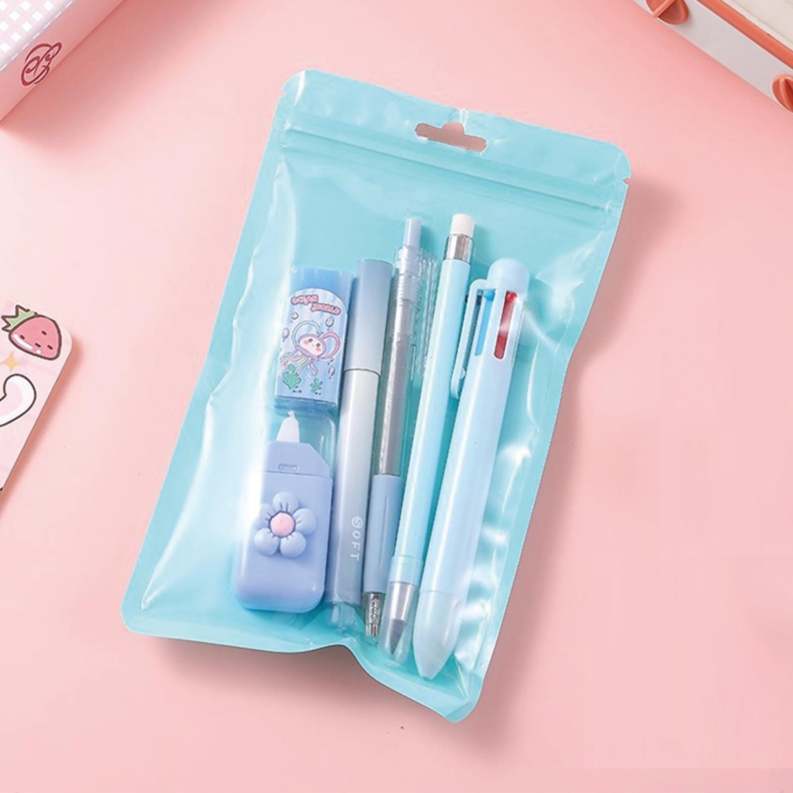 Lot de 6 articles de papeterie bleus mignons pour filles, garçons, enfants, femmes, fournitures de bureau pour la rentrée scolaire, fournitures de bureau avec stylos à encre gel, stylos à bille 6 en 1
