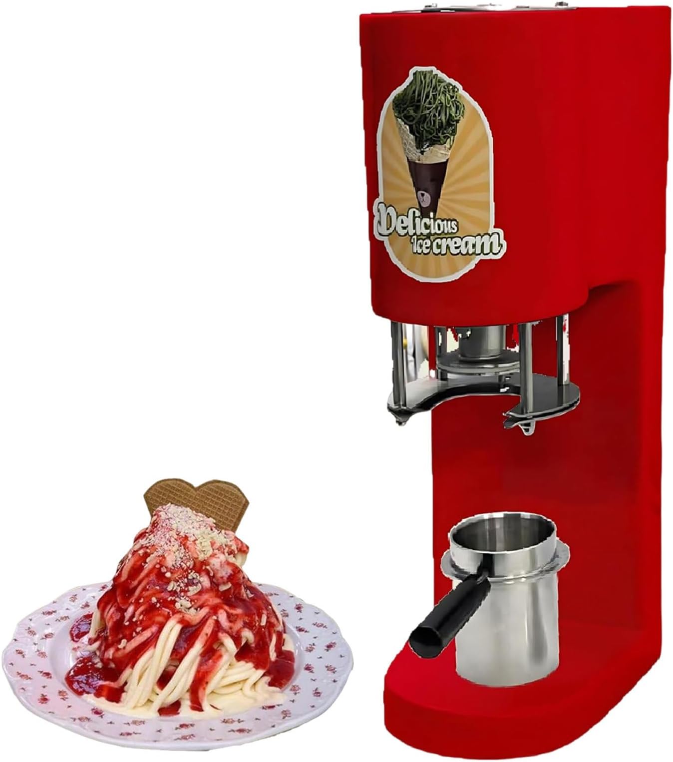 Italian Gelato Ice Cream Spaghetti Making Machine with Stainless Steel Hopper, 4 Noodle Molds, One-Touch Start, for Cafes, Restaurants, Bars, Catering Red