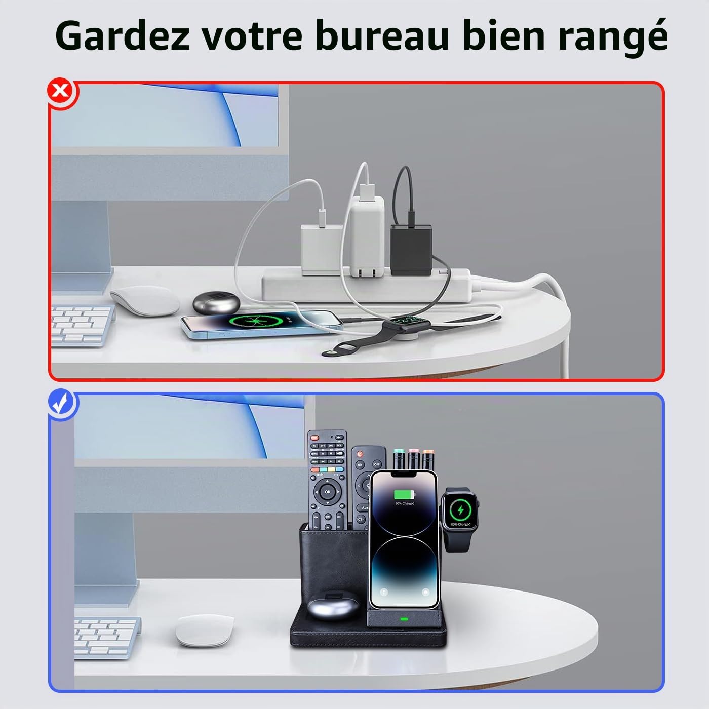GORESE Chargeur Induction, 3 en 1 chargeur sans fil avec organisateur de bureau chargeur de monté mural 30W Adaptateur compatible pour iPhone 15/14/13/12/11/Pro/Max/XS iWatch 7/6/5/4/3 AirPods 3/2/Pro
