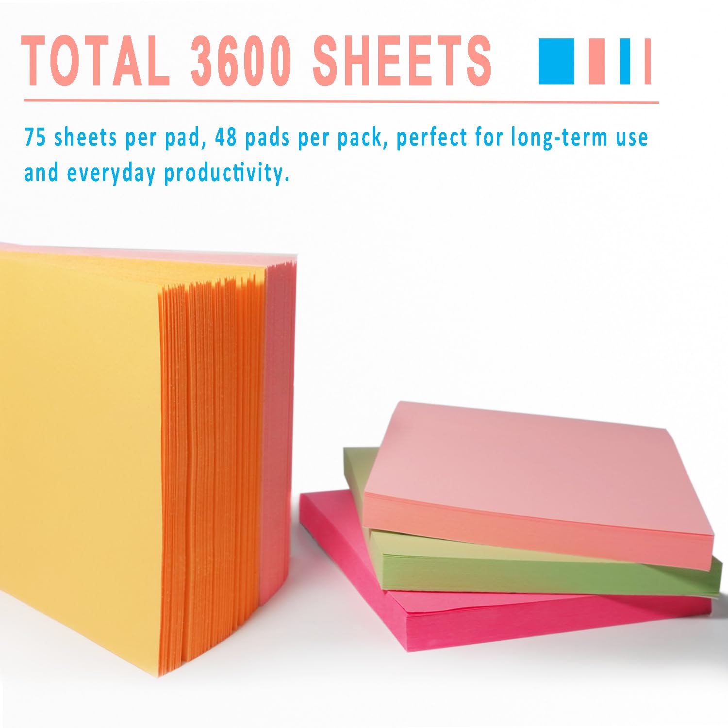 Haftnotizen, Großpackung, 7,6 x 7,6 cm, selbstklebend, 48 Blöcke, 8 helle Farben, bunte selbstklebende Notizblöcke für Zuhause, Schule, Büro, Notizbuch, 75 Blatt/Block