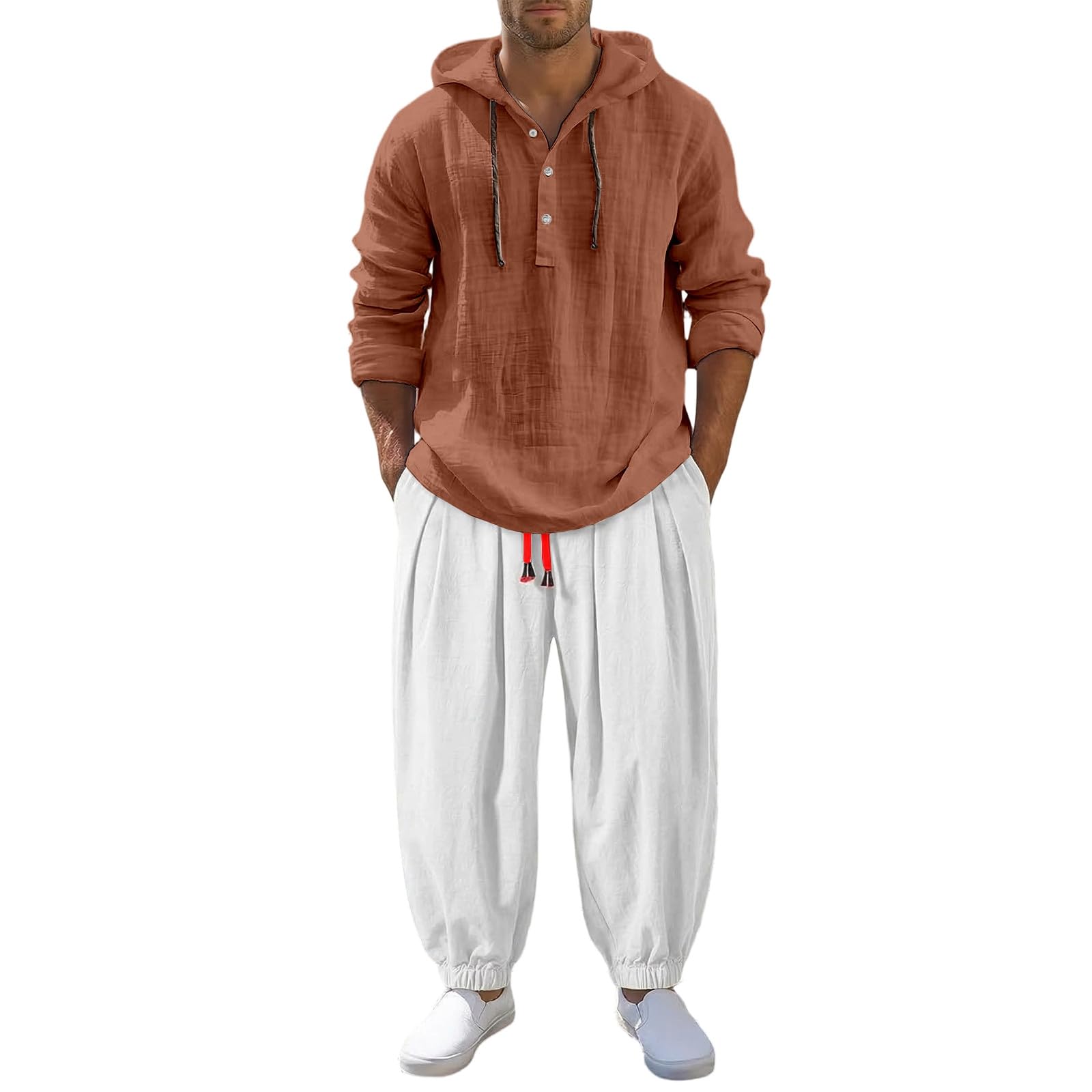 Generisch Camisa de lino para hombre de manga larga y lino, camiseta de verano, manga larga, muselina, camisa con capucha, camisas transpirables, no necesita planchado, de algodón, camisas de lino