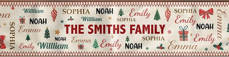 Nombre de familia Palabra Tema de Navidad – Camino de mesa personalizado Nombre de familia Árbol de Navidad Camino de mesa de Navidad Mantel interior Cocina Mesa de comedor Decoraciones de lino para el hogar