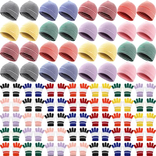 Image of Xtinmee 100 Pcs Kids Winter Beanie and Gloves Bulk Warm Knit Hat Stretchy Full Fingers Gloves Pack Unisex Cold Weather Set