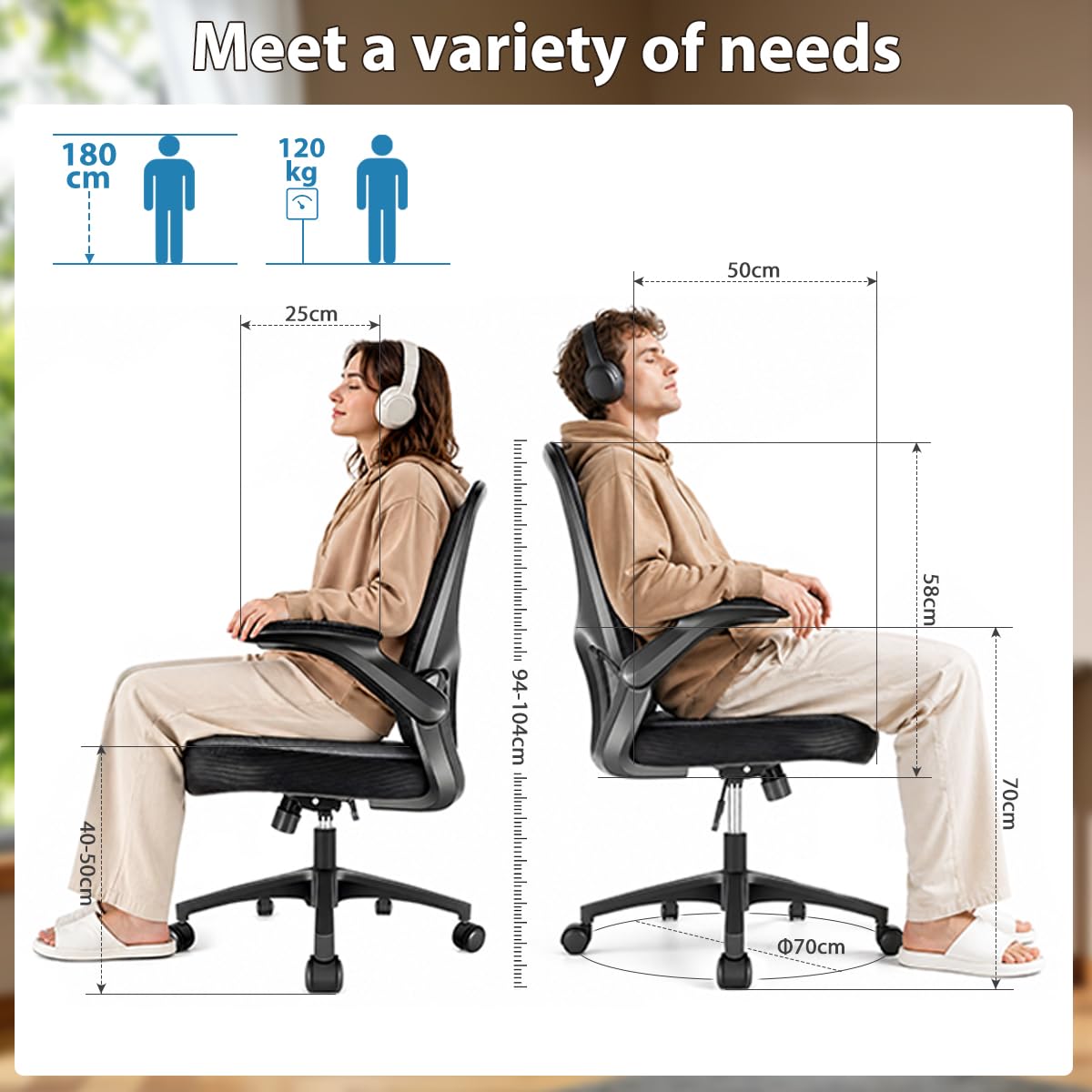 Durrafy Sedia da Ufficio Ergonomica, Braccioli Ripiegabili 90°, Supporto Lombare Regolabile, Rete Traspirante, 130° Inclinazione（Non bloccabile）, 130kg Carico
