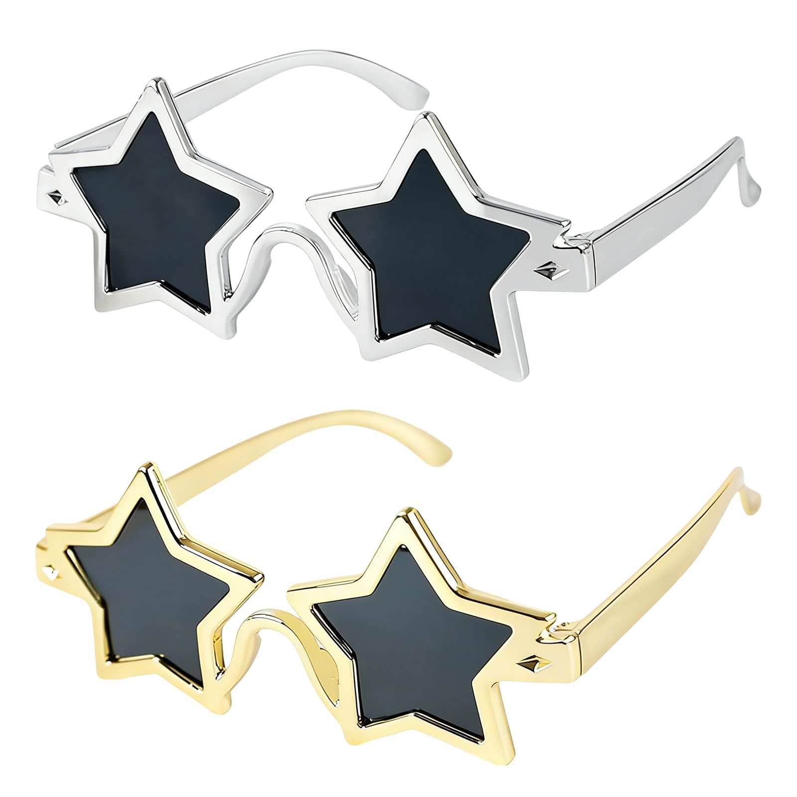 AIWXEEU 2Pcs Star Shaped Sunglasses, Fashion Pentagram Sunglasses Fancy, Star Glasses, Funny Party Glasses for Kids and Adults for Beach Photo Props (Gold, Silver)