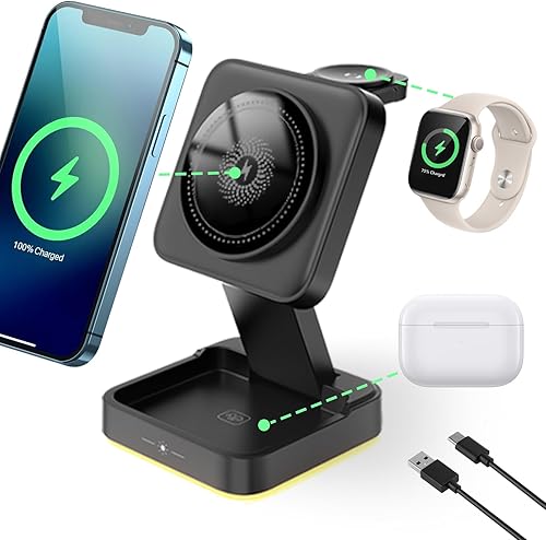 Estación de carga inalámbrica 4 en 1 con carga rápida de 15 W, diseño plegable magnético para teléfonorelojauriculares, interfaz tipo C, protección