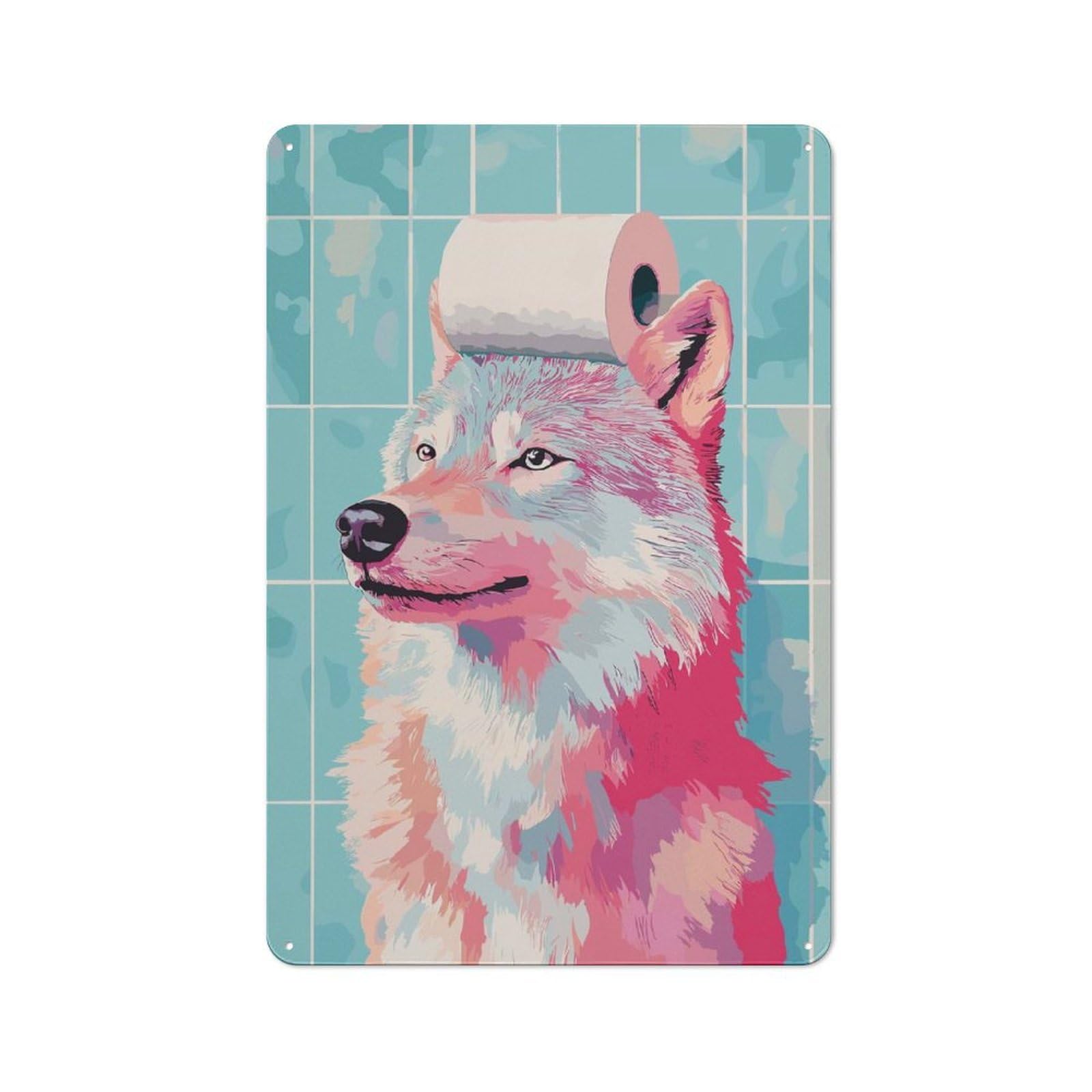 Junmoney Style-23 Retro Metal Plaque 30X20cm Featuring Wolf With Toilet Paper On Head For Workshop Wall, For Metal Sign Collectors, For Garage And Workshop Walls