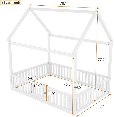 Miniatura 2 de Marco de cama de casa para niños, cama Montessori de madera tamaño matrimonial con diseño de valla y puerta, cama de piso completo con rieles para