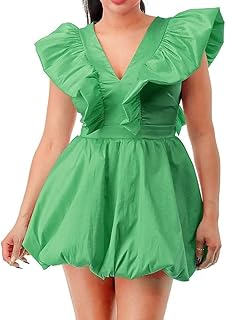 Ruffle V-Neck Mini Dress, Bubble Hem, Flutter Sleeves, Available in Green and Pink - Buy now
