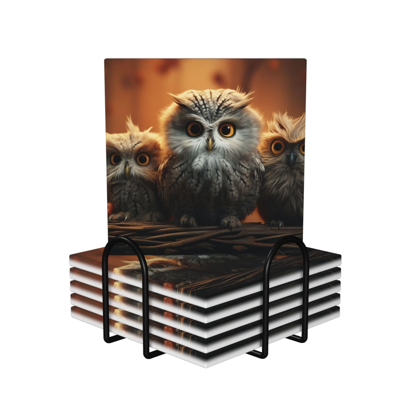 6Pcs Ceramics Coaster for Drinks, Cute Owl Baby Cup Coasters with Holder, Aesthetic Drink Coasters for Coffee Table, Absorbent Round Coaster for Tabletop Protection 4" Cup Mat Pad