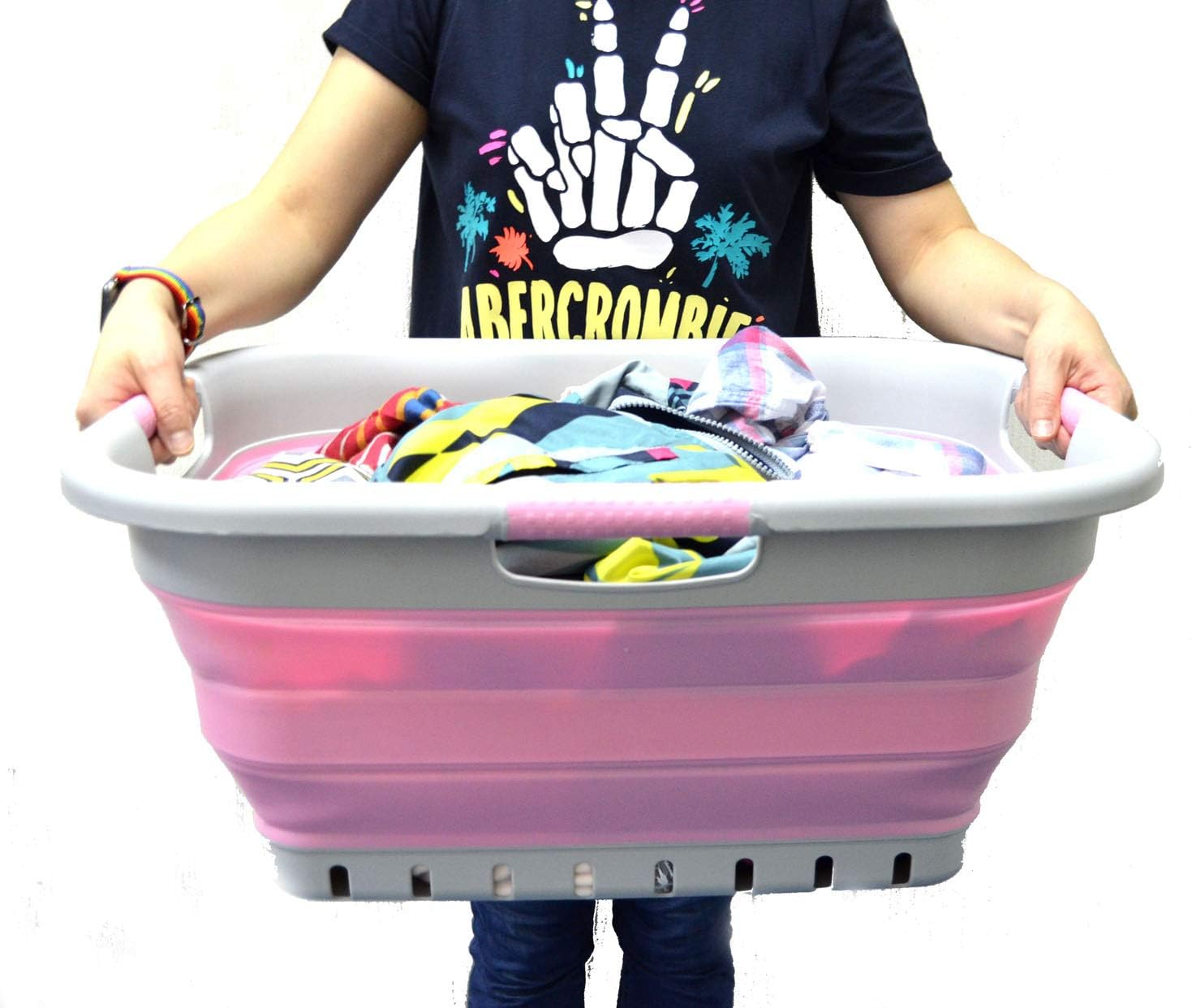 SAMMART 41L (10.8 gallon) Collapsible 3 Handled Plastic Laundry Basket - Foldable Pop Up Storage Container/Organizer - Portable Washing Tub - Space Saving (3 handled rectangular, Grey/Pink)
