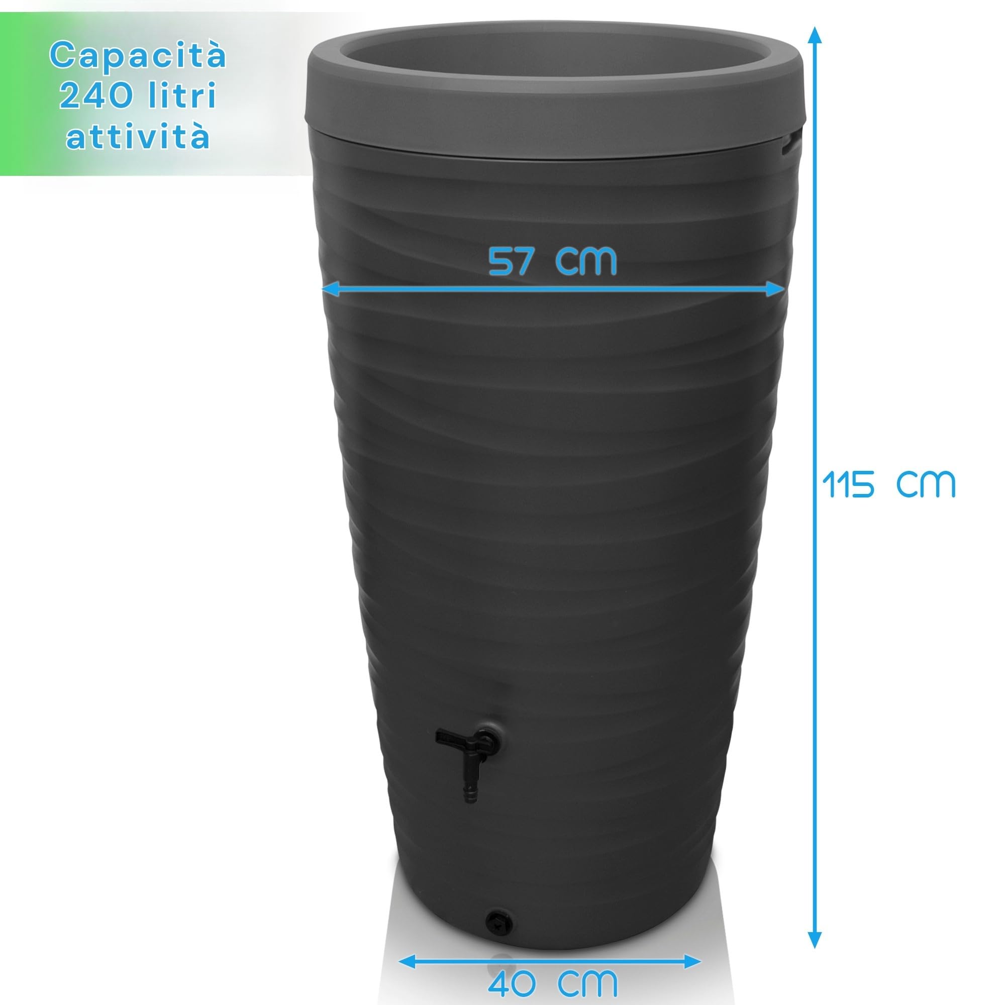 Yourcasa Serbatoio acqua 240 litri [design wave] in plastica resistente al gelo – Cisterna acqua piovana con rubinetto – Serbatoio acqua piovana giardino - raccolta acqua piovana (grigio)