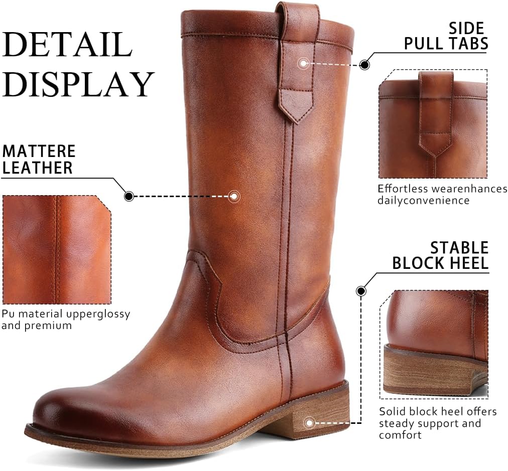 QIV Mid Calf Boots for Women Pull On Chunky Heel Round Toe Campus Casual Comfortable Fall Riding Boot Low Heel Dress Boots - Image 6