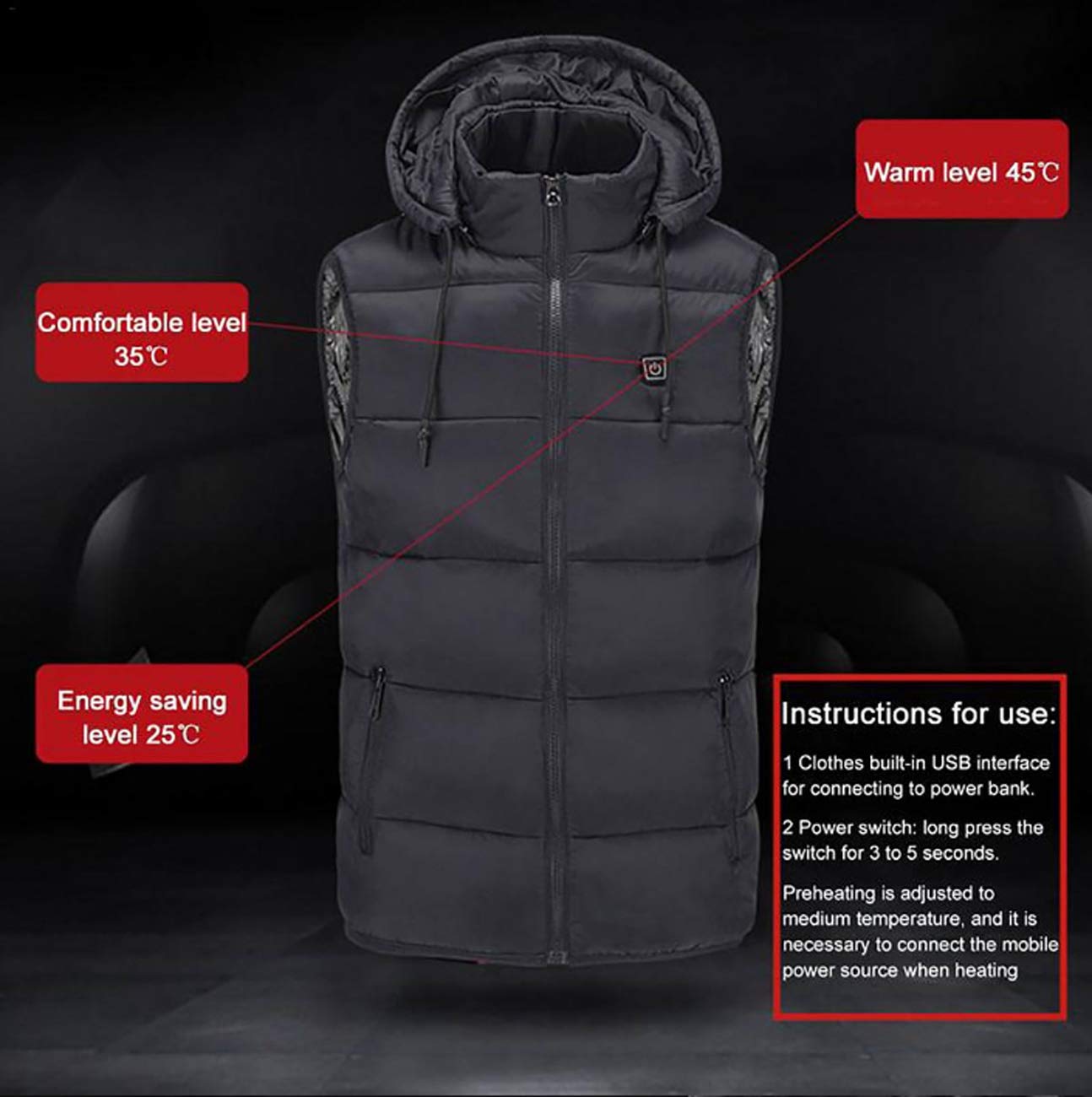 Unisex Elettrico Riscaldato Gilet Lavabile Leggero USB Ricarica Gilet Giacca Inverno Caldo Vestiti per Sci All'aperto Escursionismo Caccia Moto Campeggio, Nero , M