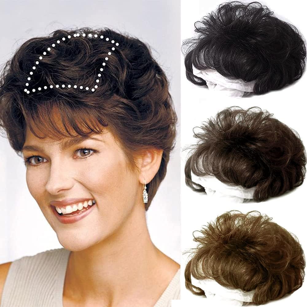 10 inch Short Curly Real Human Hair Topper with Front Bangs for Women,Breathable Wiglets Hairpieces 5.1x5.5 inch Large Coverage Toupee Clip in Top Hair Pieces Wavy Topper Wigs(Red-Brown)