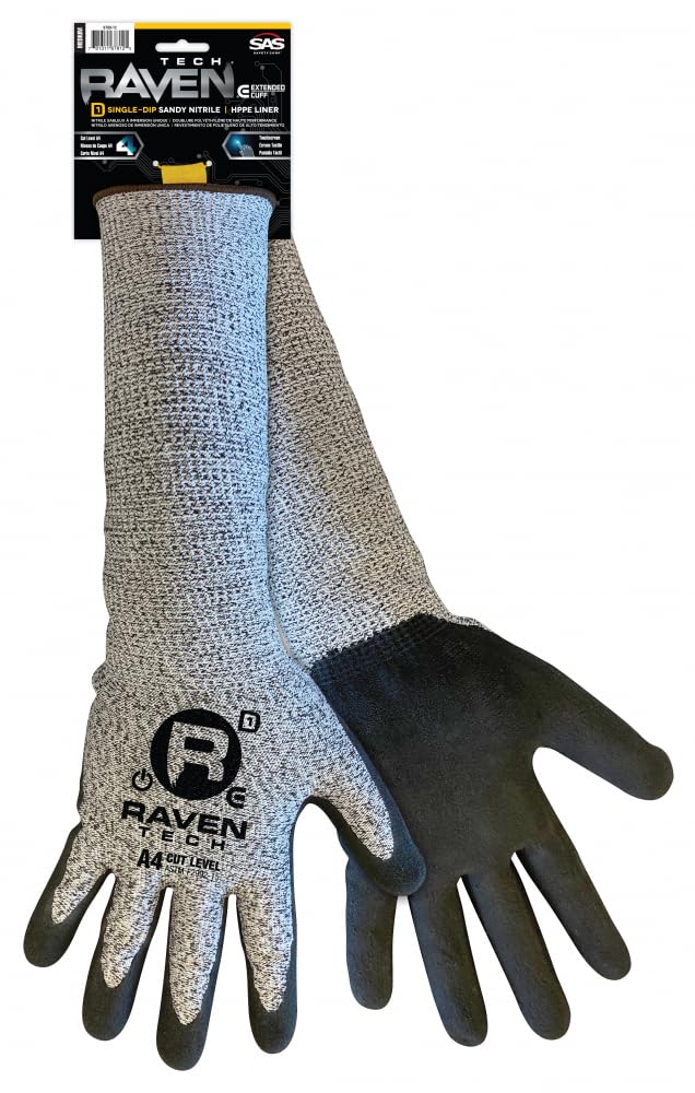 Raven Tech Extended Cuff Nitrile Dipped Sandy Finish Cut Level A4 Gloves - Retail - Lrg - Retail