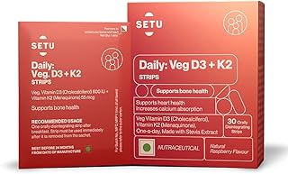 Setu Daily: Veg D3+K2 Strips | Plant Based Supplement for Bone Health, Strength & Density | Meets 100% RDA of Vitamin D & ...