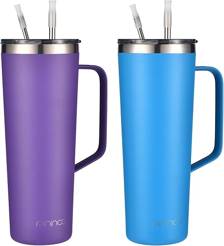 Mininoo Vaso de 24 onzas con asa, taza de café de viaje aislada con tapa y pajitas, vaso de café de acero inoxidable a prueba de fugas (zanahorias)