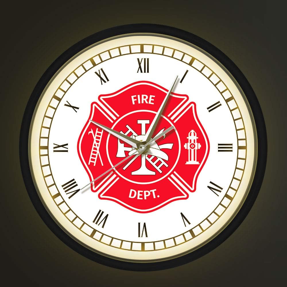 Geek Alerts Sound Control Night Light Wall Clock Firefighter Maltese Cross Metal Frame Non Ticking Clocks First Responder Fire Department Badge Logo Wall Watch with Roman Numerals Firemen Gifts