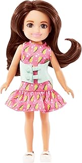 Barbie Toys, Chelsea Doll, 6-Inch Small Doll with Brace for Scoliosis Spine Curvature, Brunette Wearing Pink Lightning Bolt Dress