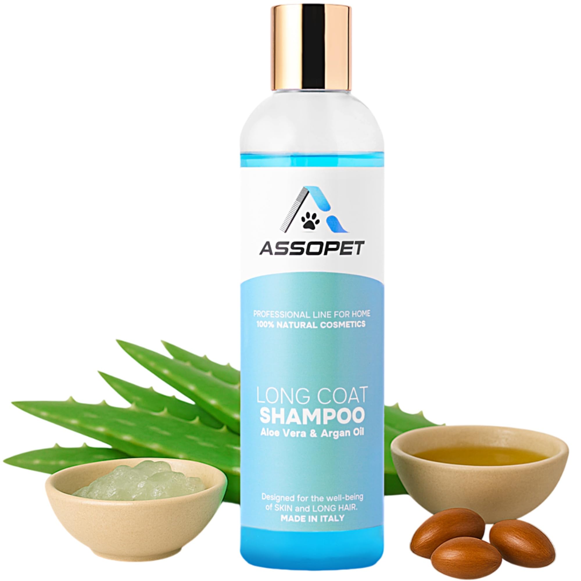 Szampon dla Psów Długowłosych 250ml – ASSOPET - Naturalny Szampon Rozplątujący z Bio Olejem Arganowym i Bio Aloe Vera – Miękka, Lśniąca i Jedwabista Sierść – Delikatny, 100% Wegański, Made in Italy