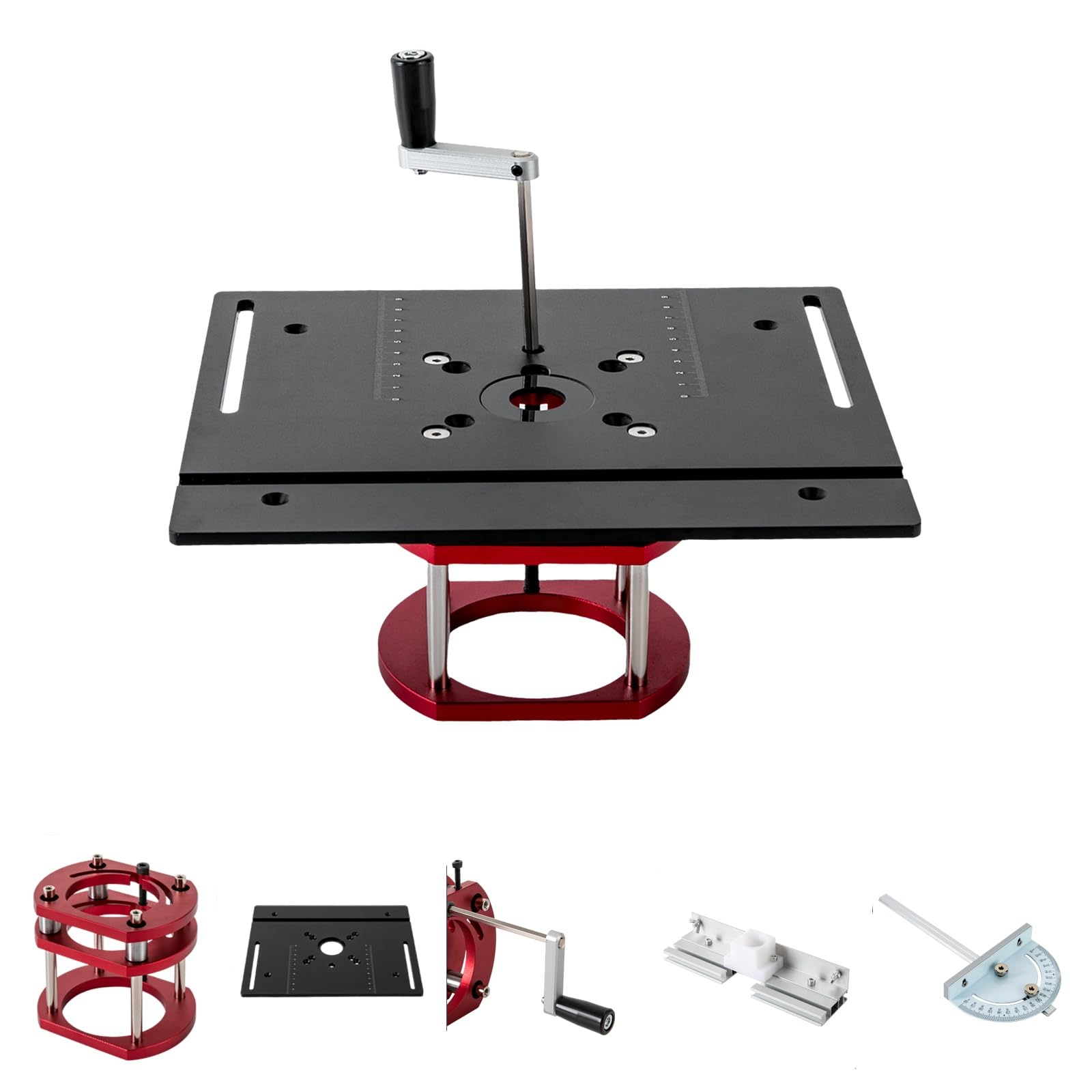 Stół do frezowania, zestaw wkładanych płyt 115 x 62 x 100 mm, Router Lift, 51 mm Hub-Hub-Hub-Hub, zestaw akcesoriów do frezarki górnowrzecionowej, zawiera kątomierz i płytkę zwrotną Router Table (czar