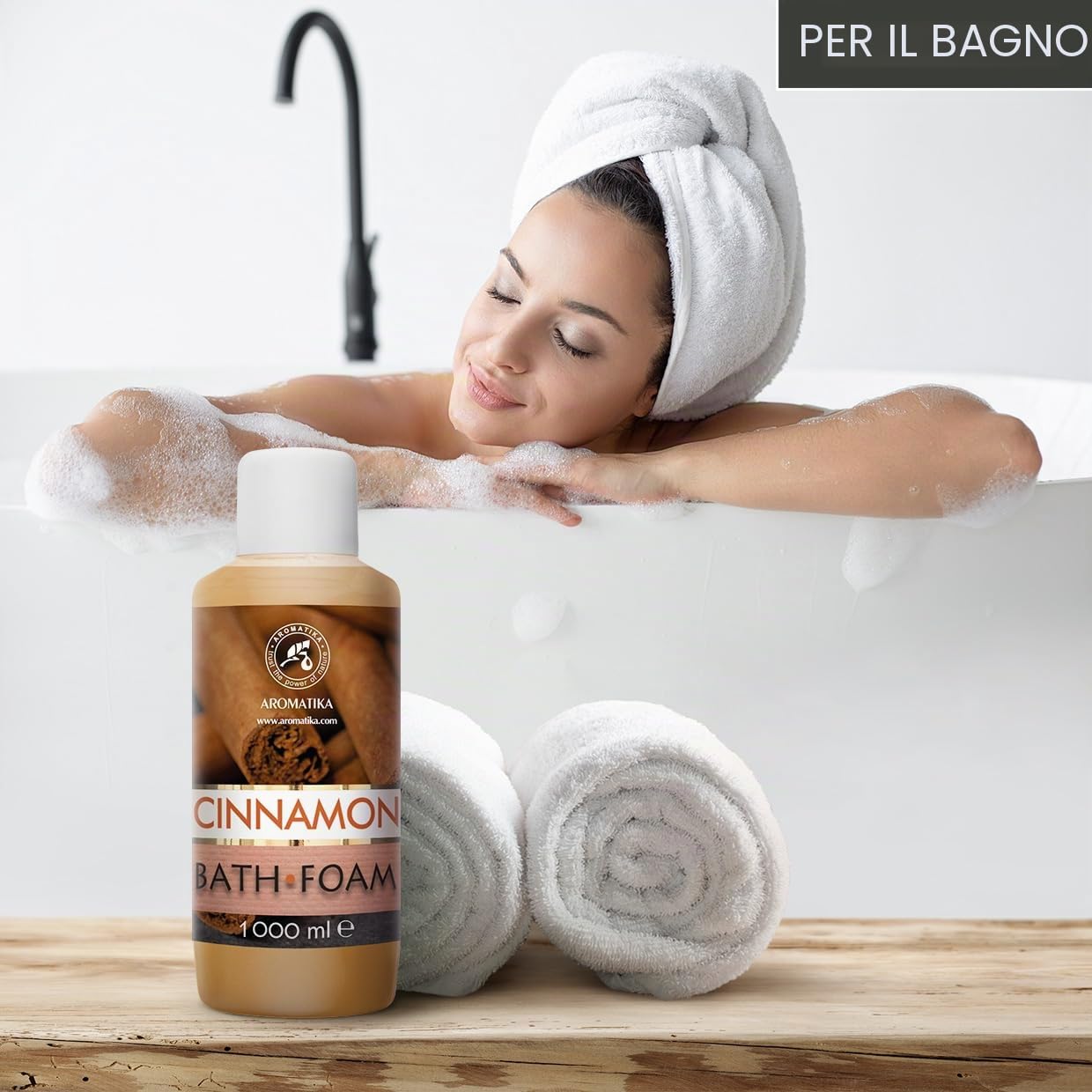 Bagno Schiuma Cannella 1000ml - Bagno Schiuma con Olio Essenziale di Cannella - Cura del Corpo - Bellezza - Bagno - Benessere - Relax - Aromaterapia - Bagnoschiuma - Bath Foam Cinnamon