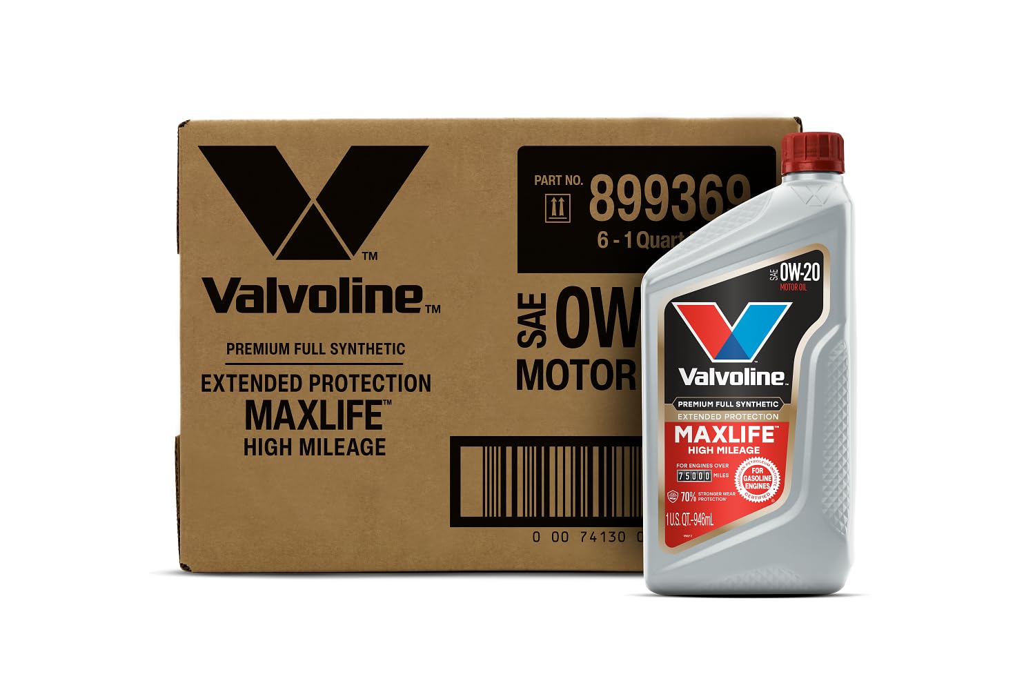 Extended Protection High Mileage with Ultra MaxLife Technology 0W-20 Full Synthetic Motor Oil 1 QT, Case of 6