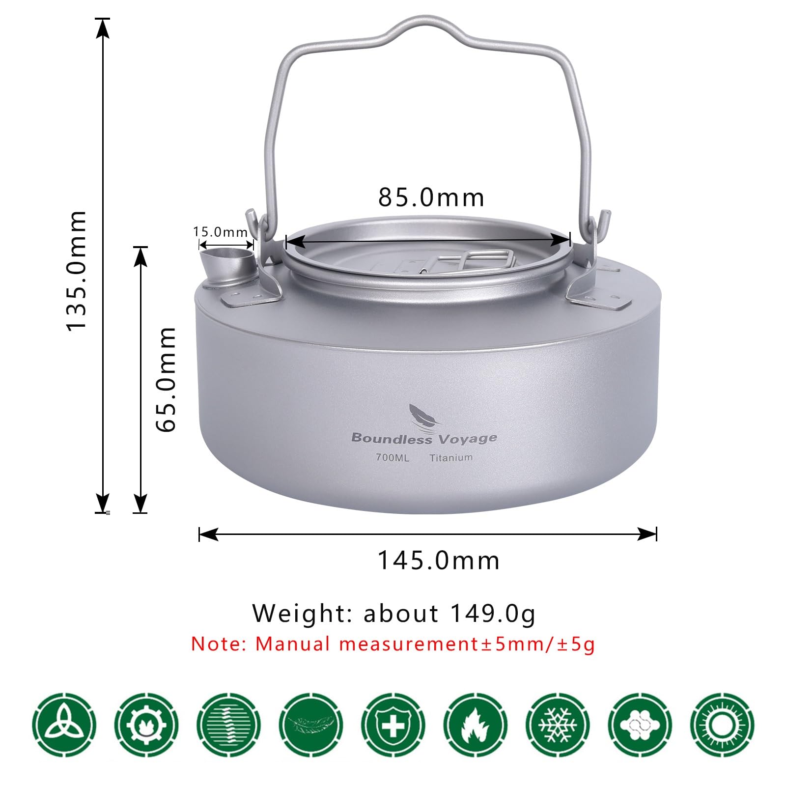 iBasingo Bouilloire en titane de 700 ml pour le camping, le café, le thé, la bouilloire ultra légère avec poignée pliable (Ti3100D Gery)