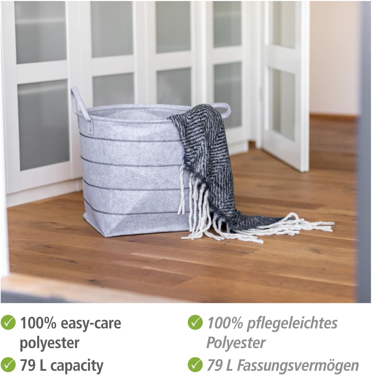 WENKO Nella L storage basket, high-quality felt basket made of 100% low-maintenance polyester in grey with decorative stitching and 2 carrying handles for easy transport, 79 L volume, Ø 48 x 44 cm