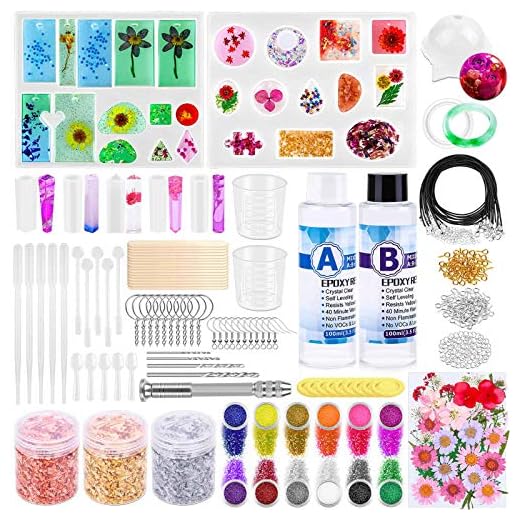 Thrilez 219Pcs Resin Kit for Beginners, Resin Mold Kit with Resin Molds Silicone and Epoxy Resin Supplies Include Dried Flowers, Foil Flakes, Necklace Cord, Earring Hooks for DIY Jewelry Making