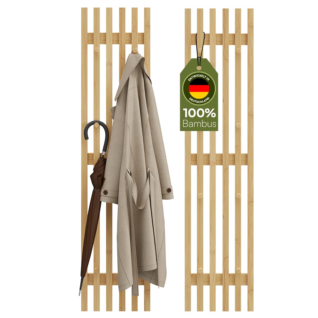 Bellamio Sava Garderobenpaneel 2er-Set – Flurgarderobe aus Bambus 110 x 25 cm – schmale Wandgarderobe mit 8 Kleiderhaken – Wandpaneel für Flur/Eingangsbereich/Schlafzimmer/Garderobe