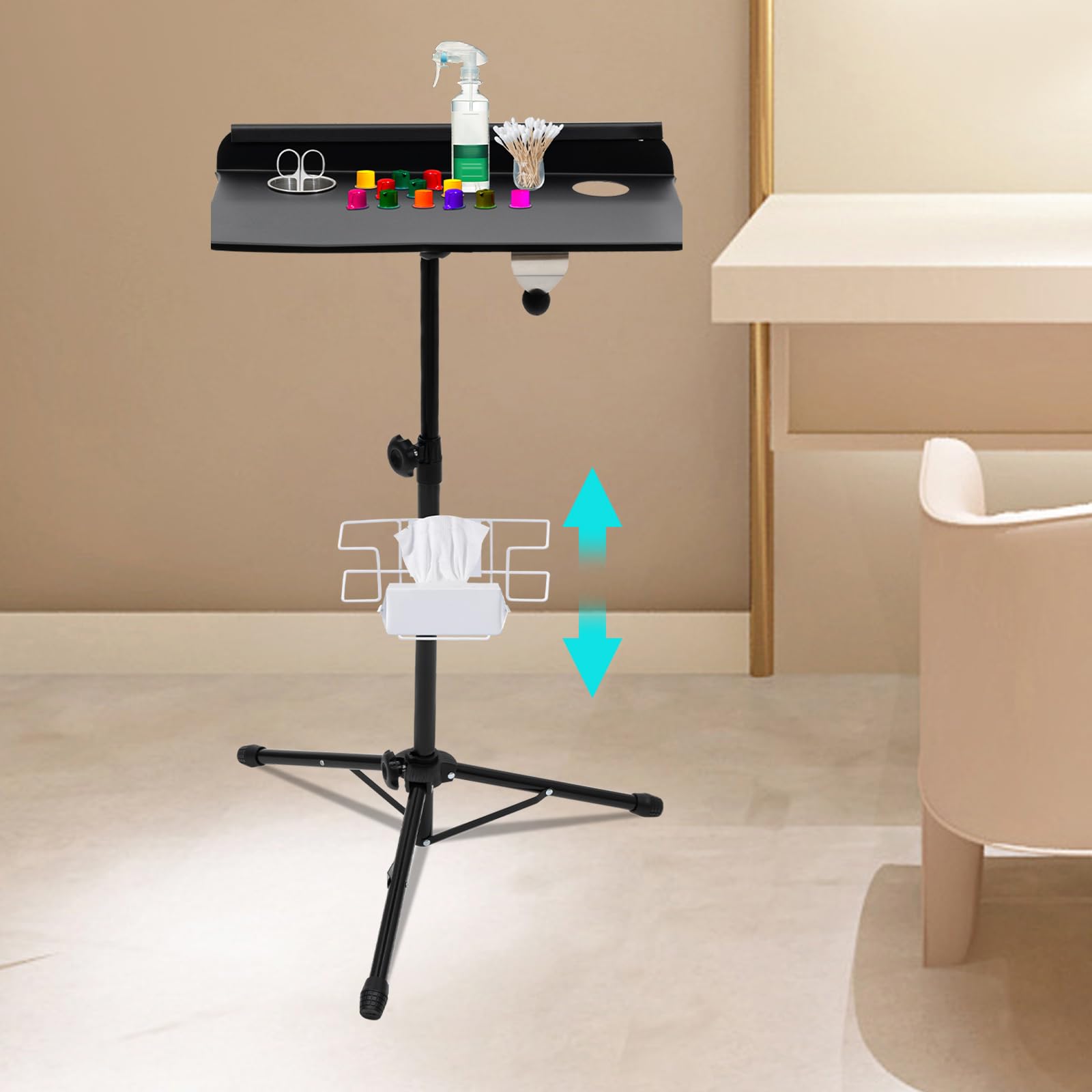 Banco de trabajo portátil para tatuajes, 61 – 107 cm, ajustable, profesional, con base de trípode y caja de almacenamiento, mesa para salones de belleza, tatuajes, manicura
