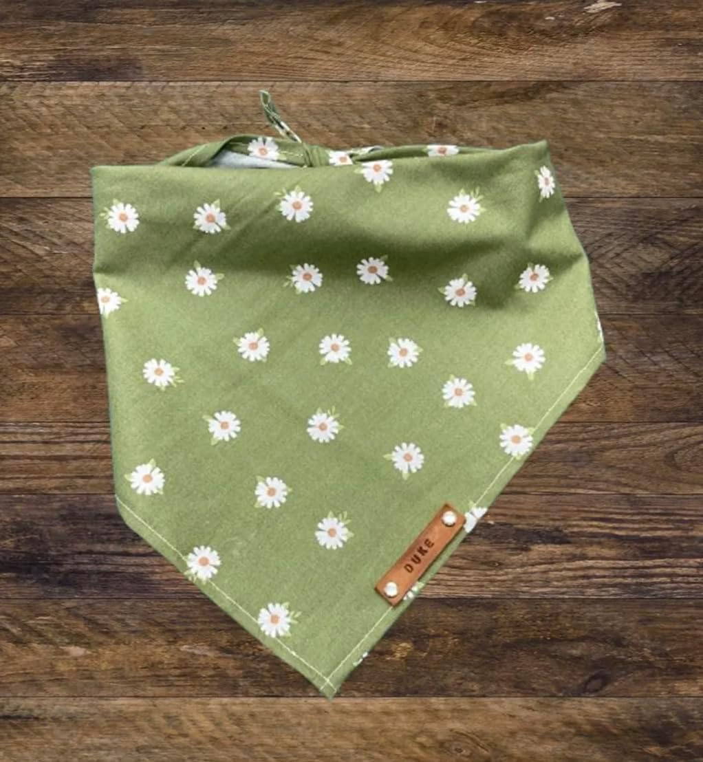 Personalized Dog Bandana, Wildflowers and Sage, Traditional Tie Back Design, Custom Rivet Leather Name Tag, Pet Clothing Accessories