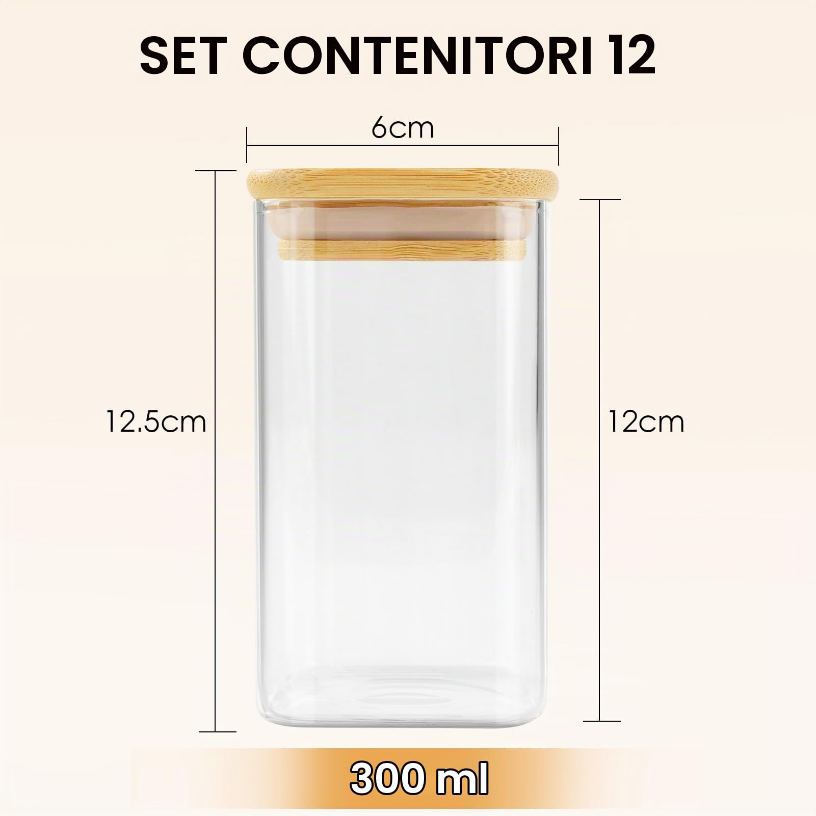Cinnani Barattoli Spezie Vetro Quadrati, 12pcs x 300ml Barattolini porta Spezie Vetro con Coperchi in Bambù, Barattoli Spezie per Cucina Ermetici, Trasparente Vasetti Spezie con Etichette