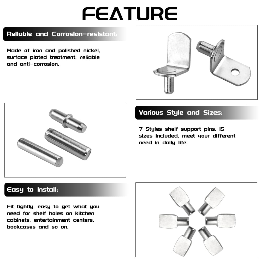 WMYCONGCONG 150 PCS Shelf Bracket Pegs Kit, 7 Styles Shelf Pins Shelf Support Pegs Cabinet Shelf Holders Pegs for Shelves Book Shelf Closet Metal Nickel Plated — Amazon image 4